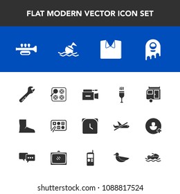 Modern, simple vector icon set with television, ufo, caravan, alcohol, trumpet, restaurant, watch, time, minute, cook, stove, kitchen, hammer, music, journey, gas, wine, space, sound, film, red icons