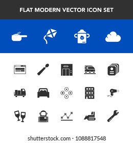 Modern, simple vector icon set with identity, truck, pot, transportation, van, id, tool, food, play, leisure, technology, office, car, web, spoon, modern, equipment, fun, spanner, kite, entrance icons