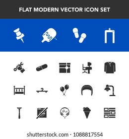Modern, simple vector icon set with office, builder, jacket, slipper, internet, dessert, food, celebration, work, cream, clothing, cloakroom, baby, fashion, home, box, foreman, sweet, present icons