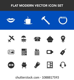 Modern, simple vector icon set with cup, flight, girl, card, lips, wrench, van, id, vehicle, time, business, dessert, finance, accounting, hammer, plane, location, coffee, cream, kitchen, modern icons