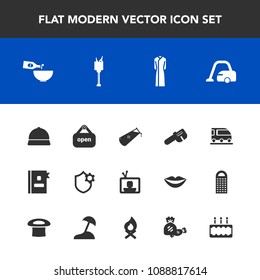 Modern, simple vector icon set with repair, female, transport, internet, sweet, cake, van, alcohol, dress, technology, business, store, directory, tv, pie, drink, phone, television, train, ice icons