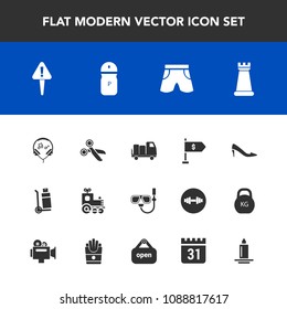 Modern, simple vector icon set with game, fashion, tool, salt, summer, chess, wear, music, locomotive, pepper, danger, exclamation, location, shorts, king, piece, female, toy, technology, water icons