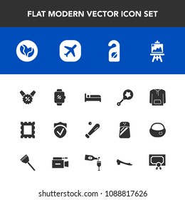 Modern, simple vector icon set with caffeine, check, achievement, travel, border, artist, equipment, toy, price, ball, jacket, screen, award, coffee, picture, sign, security, infant, bed, label icons