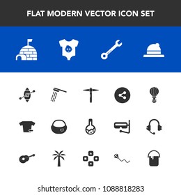 Modern, simple vector icon set with equipment, wrench, shower, jump, media, ship, shirt, extreme, snow, baby, internet, tool, social, parachute, parachuting, style, fashion, school, sailboat icons