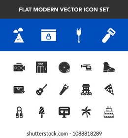 Modern, simple vector icon set with guitar, sign, ice, lock, web, landscape, video, bag, blue, tool, sky, music, entrance, add, work, album, mountain, film, nature, peeler, handle, flight, lift icons