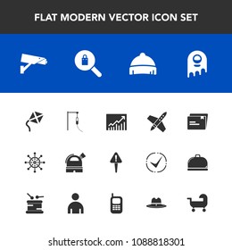 Modern, simple vector icon set with document, wheel, hat, medicine, medical, rocket, paper, observatory, sign, helm, space, mark, carriage, surveillance, monster, security, file, exclamation icons