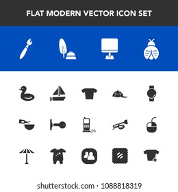 Modern, simple vector icon set with dinner, bird, sky, computer, boat, communication, toy, phone, house, shirt, glass, stationary, fashion, wildlife, key, transportation, laptop, ink, food, bug icons