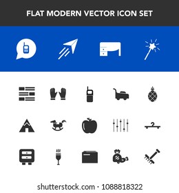 Modern, simple vector icon set with business, tent, gardening, toy, garden, adventure, lawn, travel, camp, grass, outdoor, rake, phone, fresh, mower, plane, horse, old, internet, fruit, mobile icons