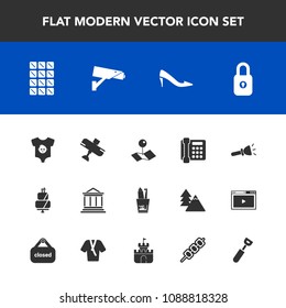 Modern, simple vector icon set with pie, health, sweet, child, money, flashlight, kid, food, finance, chocolate, surveillance, light, aircraft, pin, banking, shine, business, flight, safety, bar icons