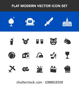 Modern, simple vector icon set with footwear, helmet, cat, flip, religion, restaurant, beach, housework, food, football, beverage, discount, sport, tag, domestic, summer, religious, home, soccer icons