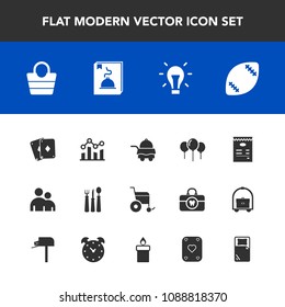 Modern, simple vector icon set with bag, light, style, bed, wheelchair, bulb, chart, sign, person, handicap, ball, birthday, restaurant, fire, fashion, play, finance, candle, spoon, decoration icons