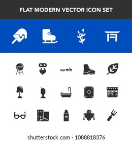 Modern, simple vector icon set with shipping, cocktail, agriculture, shrine, grill, food, home, interior, torii, ice, bbq, grain, meat, boot, barbecue, alcohol, table, toilet, plug, winter, sign icons