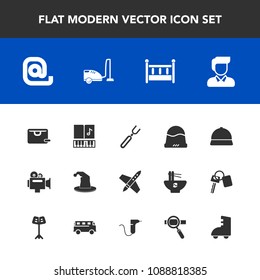 Modern, simple vector icon set with vacuum, message, handle, rocket, boy, housework, space, male, equipment, child, mail, communication, hat, bed, skating, sound, music, musical, cap, clothing,  icons