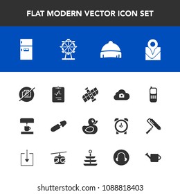 Modern, simple vector icon set with telephone, fashion, cloud, duck, mascara, station, play, map, hat, travel, camera, medicine, rubber, wheel, space, child, coffee, photo, makeup, fridge, orbit icons