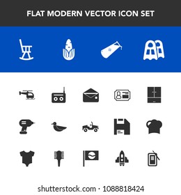 Modern, simple vector icon set with corn, nature, chemistry, chair, id, transport, healthy, japan, helicopter, bird, inkstone, animal, equipment, office, car, food, ink, sea, sky, radio, media icons