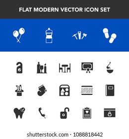 Modern, simple vector icon set with achievement, food, broom, decoration, frame, spoon, slipper, clothes, certificate, lock, equipment, drink, bear, motel, ball, repair, award, toy, winter, meal icons