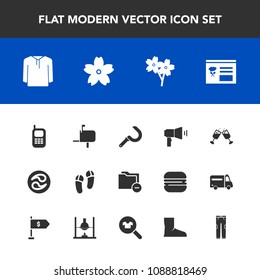 Modern, simple vector icon set with blossom, footwear, mobile, cherry, old, glass, wine, mailbox, folder, message, female, flower, alcohol, file, japanese, agriculture, pants, drink, business icons