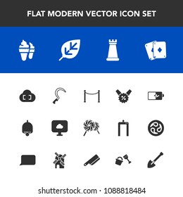 Modern, simple vector icon set with tool, strategy, bell, gardening, price, candy, fence, battery, sale, leaf, sickle, cloud, ring, agriculture, food, natural, cream, percent, cutlery, ice, game icons