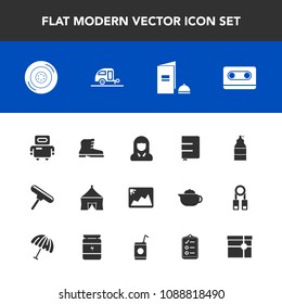 Modern, simple vector icon set with circus, young, face, leather, tire, photo, woman, travel, car, wheel, caravan, roller, retro, paint, paper, notebook, tape, cyborg, cassette, spray, style icons