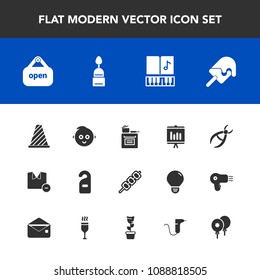 Modern, simple vector icon set with document, shirt, motel, cooking, drill, cream, sign, kebab, dessert, sweet, man, child, grilled, background, barbecue, hotel, sound, report, clothes, privacy icons