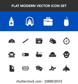 Modern, simple vector icon set with baby, north, work, tag, musical, hotel, nutrition, construction, bellboy, service, helmet, space, bath, turn, price, bag, plastic, bottle, music, percussion icons