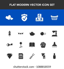 Modern, simple vector icon set with market, tea, celebration, equipment, child, bowling, holiday, hot, sew, security, teapot, drop, education, white, map, machine, basket, rocket, valentine, fun icons