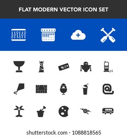 Modern, simple vector icon set with futuristic, boat, easter, kite, concept, paddle, beacon, glass, search, robot, ocean, holiday, lighthouse, technology, schedule, sea, water, canoe, light, oar icons