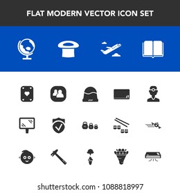 Modern, simple vector icon set with people, departure, conditioner, school, hat, air, fashion, global, dentist, clinic, dental, weight, map, check, travel, blank, literature, world, library, cap icons