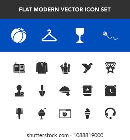 Modern, simple vector icon set with fun, king, joy, avatar, work, service, medal, user, glass, waiter, hanger, waitress, ball, jacket, clothing, restaurant, sport, book, textbook, kite, strategy icons