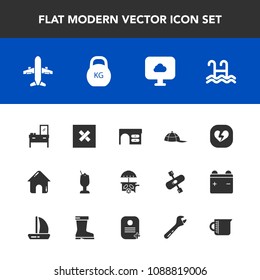 Modern, simple vector icon set with clothing, ice, cream, airplane, bar, heart, alcohol, liquid, pool, office, glass, kilogram, plane, furniture, vehicle, business, cloud, weight, fashion, real icons