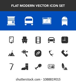 Modern, simple vector icon set with interior, chair, hour, post, laptop, technology, street, online, calligraphy, furniture, sign, transport, paper, pen, vehicle, entertainment, home, video, id icons