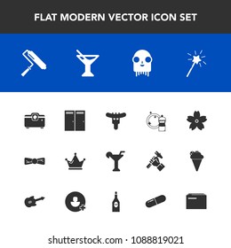 Modern, simple vector icon set with wand, home, alien, ufo, fiction, document, cherry, broom, summer, roller, hotdog, royal, tie, magic, martini, food, alcohol, drink, door, sakura, flower, bow icons