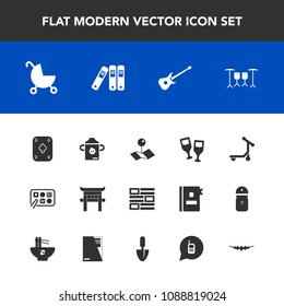 Modern, simple vector icon set with scooter, child, news, game, guitar, chinese, location, japanese, accessory, folder, milk, torii, office, shrine, play, internet, vehicle, restaurant, glass icons