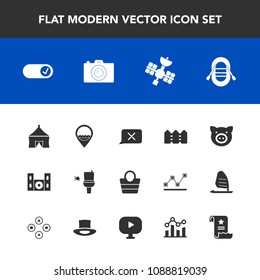 Modern, simple vector icon set with boat, leather, public, animal, paper, video, job, technology, satellite, , ship, business, closed, object, style, travel, fence, tent, location, wc, graph icons