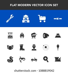 Modern, simple vector icon set with dentistry, meat, baby, space, guitar, diaper, tool, footwear, temple, equipment, dentist, technology, spaceship, pagoda, spanner, craft, mountain, hammer, bar icons