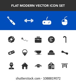 Modern, simple vector icon set with food, ticket, lollipop, joystick, bag, computer, device, gym, cup, air, play, health, cafe, cappuccino, drink, work, job, fitness, mobile, app, coffee, mouse icons