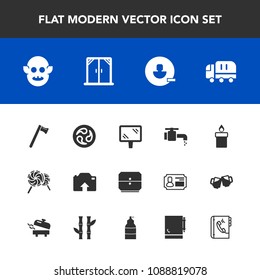 Modern, simple vector icon set with wrench, account, drawer, japanese, equipment, banner, photo, truck, road, avatar, street, fiction, candy, window, cargo, ufo, decoration, japan, monster, car icons