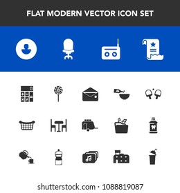 Modern, simple vector icon set with human, radio, table, drink, interior, glass, comfortable, train, tennis, transportation, office, chair, document, vehicle, dinner, mail, lollipop, sound, food icons