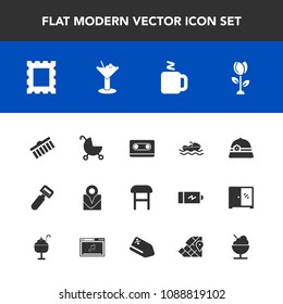Modern, simple vector icon set with spring, vegetable, sea, travel, location, nature, shape, brush, boat, border, retro, home, chair, floral, cassette, ocean, interior, stroke, tape, map, audio icons