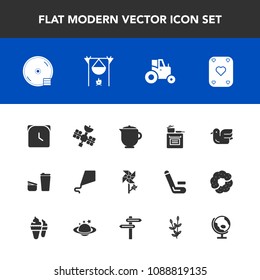 Modern, simple vector icon set with bird, field, dvd, cooking, clock, satellite, tractor, breakfast, farm, oven, cup, flower, floral, tea, kite, wildlife, nature, watch, agricultural, summer, cd icons