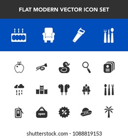 Modern, simple vector icon set with construction, dessert, sound, audio, chair, rain, organic, toy, business, healthy, spaceship, hotel, glass, trumpet, rubber, cake, pie, food, knife, apple,  icons