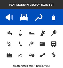 Modern, simple vector icon set with radio, music, technology, sickle, car, up, kitchen, thermometer, temperature, volume, food, usd, pin, harvest, agriculture, antenna, mascara, power, farming icons