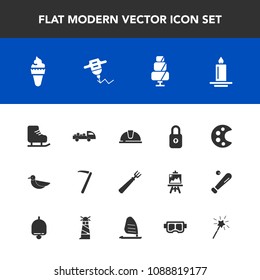 Modern, simple vector icon set with magic, lock, sign, palette, skating, hat, spoon, decoration, helmet, hand, animal, candle, drill, equipment, tool, light, shipping, flame, construction, cold icons