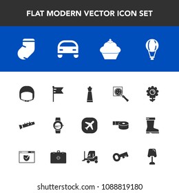 Modern, simple vector icon set with floral, national, flag, strategy, airplane, work, equipment, watch, sweet, sound, magnifier, worker, clothes, search, helmet, find, doughnut, chess, gadget icons