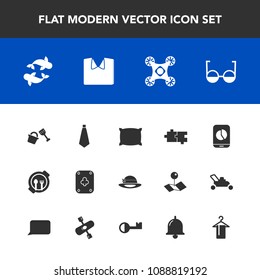 Modern, simple vector icon set with fish, eyeglasses, bell, plate, alarm, bed, pillow, shovel, hanger, kayak, food, home, game, control, new, seafood, kayaking, sea, talk, hat, chart, puzzle icons