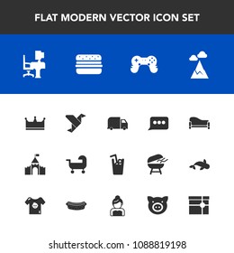 Modern, simple vector icon set with crown, nature, creative, home, desk, animal, service, medieval, play, carriage, sofa, business, landscape, mountain, office, game, work, message, drink, swine icons