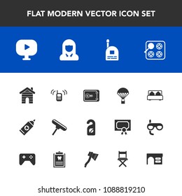 Modern, simple vector icon set with care, extreme, privacy, jump, kitchen, clean, money, estate, hygiene, motel, oven, parachute, young, bedroom, business, sky, building, hotel, roller, gas, boy icons
