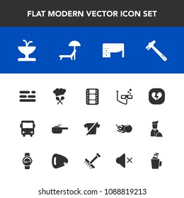 Modern, Simple Vector Icon Set With Clothes, Equipment, Fashion, Transport, Shirt, Hammer, Dish, Heart, Sunbed, Dinner, Business, Work, Scuba, Mask, Restaurant, Table, Umbrella, Beach, Layout Icons