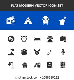 Modern, simple vector icon set with clock, ufo, palm, asian, beach, watch, cleaner, alien, chocolate, japan, child, island, spray, alarm, time, summer, sale, document, caffeine, kimono, sand icons
