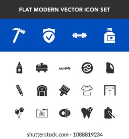 Modern, simple vector icon set with mon, spanner, tool, truck, plastic, food, nutrition, boiler, mouthwash, home, hygiene, japanese, fork, wrench, heater, staple, wood, kamon, white, fitness icons